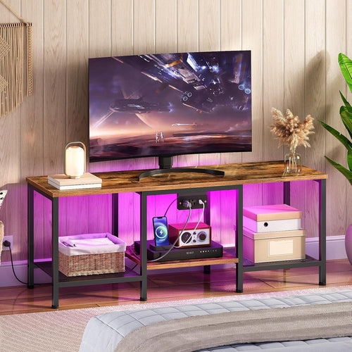 Rustic Brown And Black LED TV Stand With Charging Station Up To 55