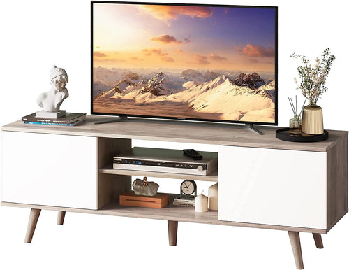 Boho TV Stand 55 To 60 Inch Greige White Sleek Design