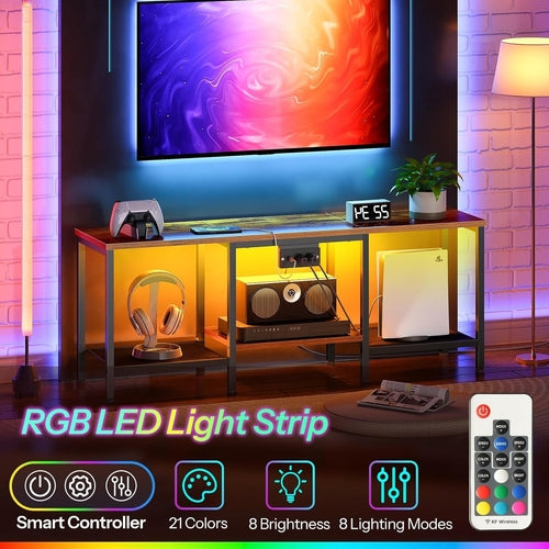 Rustic Brown And Black LED TV Stand With Charging Station Up To 55