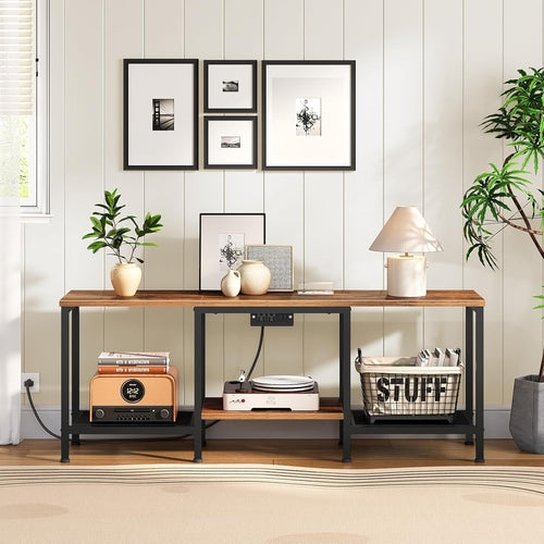 Rustic Brown And Black LED TV Stand With Charging Station Up To 55