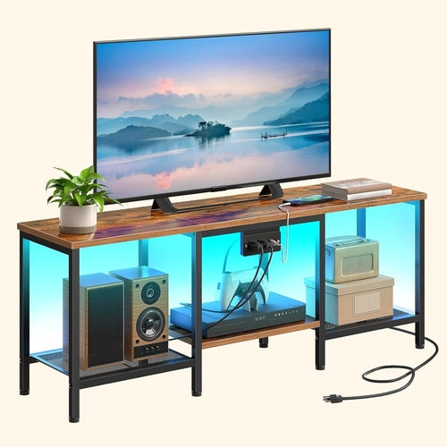 Rustic Brown And Black LED TV Stand With Charging Station Up To 55