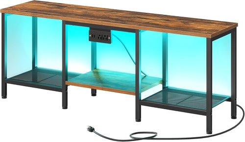 Rustic Brown And Black LED TV Stand With Charging Station Up To 55
