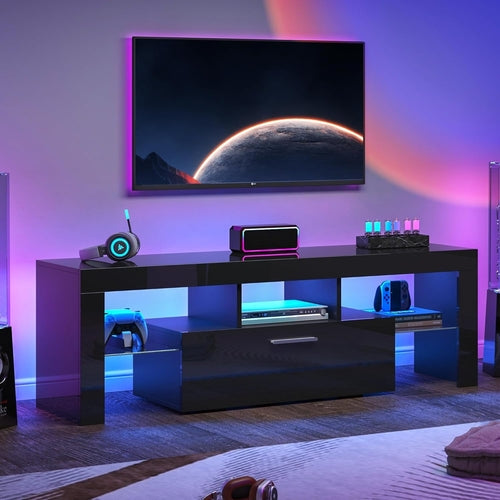 Black LED TV Stand With Large Storage Drawer For TVs Up To 55 Inches